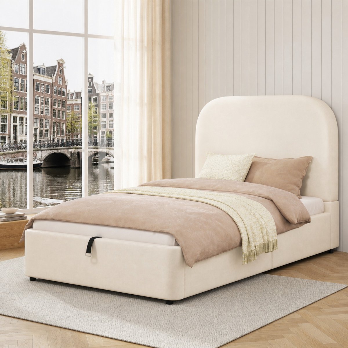 WUVRIE Gestoffeerd eenpersoonsbed 90x200 cm met lattenbodem en opbergruimte, beige