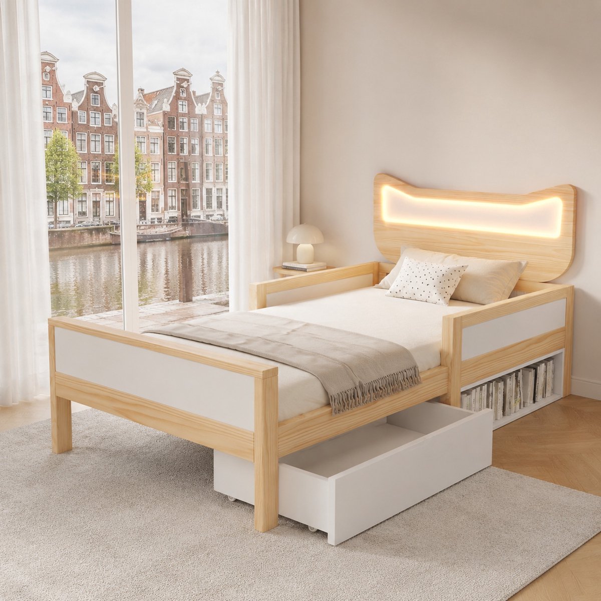 WUVRIE Kinderbed 90x200 cm met kattenhoofd, RGB-LED, lattenbodem, lade en opbergruimte, wit/eiken