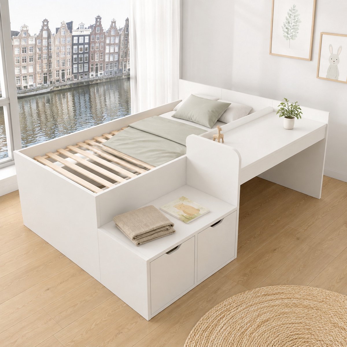 WUVRIE Kinderbed 90x200 cm met bureau, lades en opbergruimte, wit