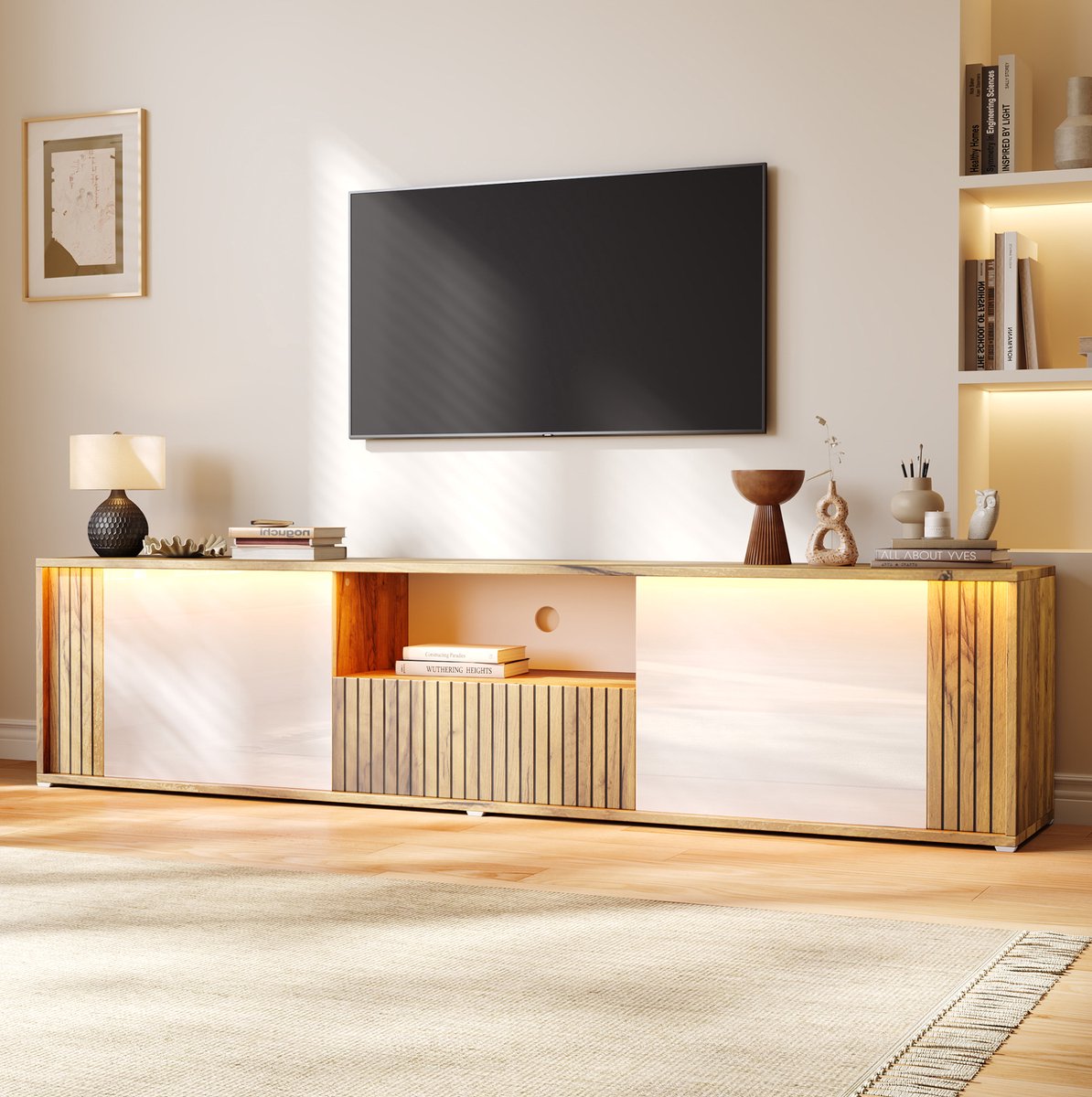 REDOM - TV meubel - LED verlichting - 2 deuren - 1 lade - open vak - kabeldoorvoer - MDF en spaanplaat - Wit en naturel - 180 x 40 x 51 cm