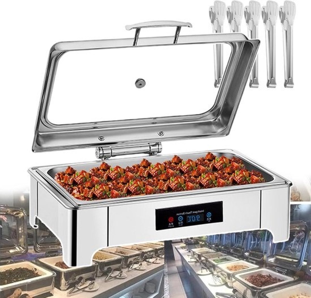 Elektrische Buffetwarmer - Chafing Dish Voedselverwarmer - Feesten Serveren - Instelbare Temperatuur - 135 Liter - Zilver