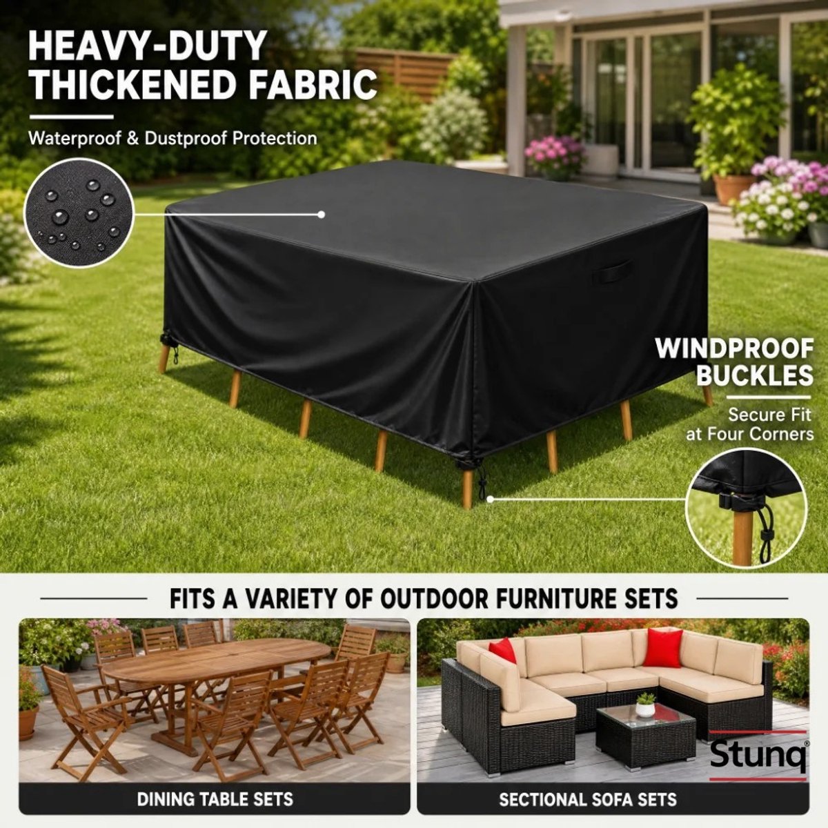 Stunq Tuinmeubelhoes zwart - waterdicht, winddicht, anti-UV voor bank, tafel en stoelen
