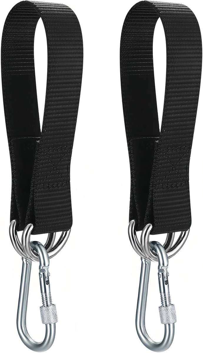 Boomschommelbanden met karabijnhaken en D-ringen, 2 stuks, voor schommels, hangmatten en hangstoelen, zwart en zilver, 33,5 x 2,5 cm
