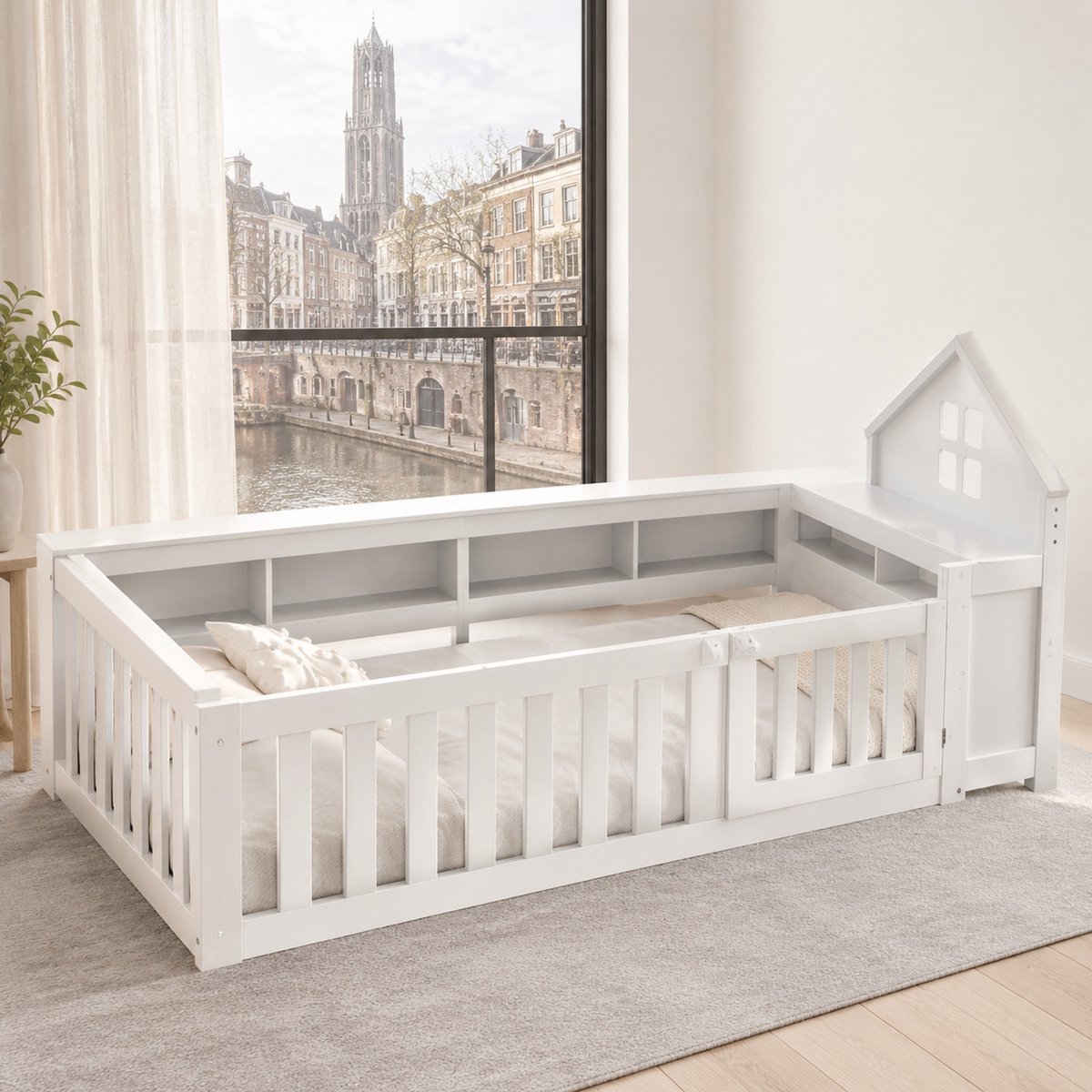 WUVRIE Kinderbed 90 x 200 cm met opbergruimte, veiligheidshekken en huisvorm, wit
