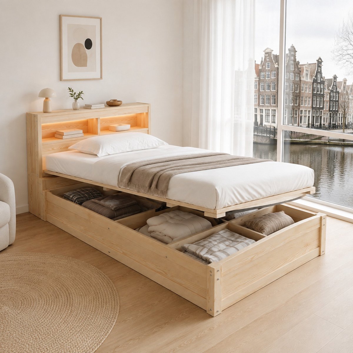 WUVRIE Bed 90x200 cm met opbergruimte, LED-verlichting en stopcontact, naturel