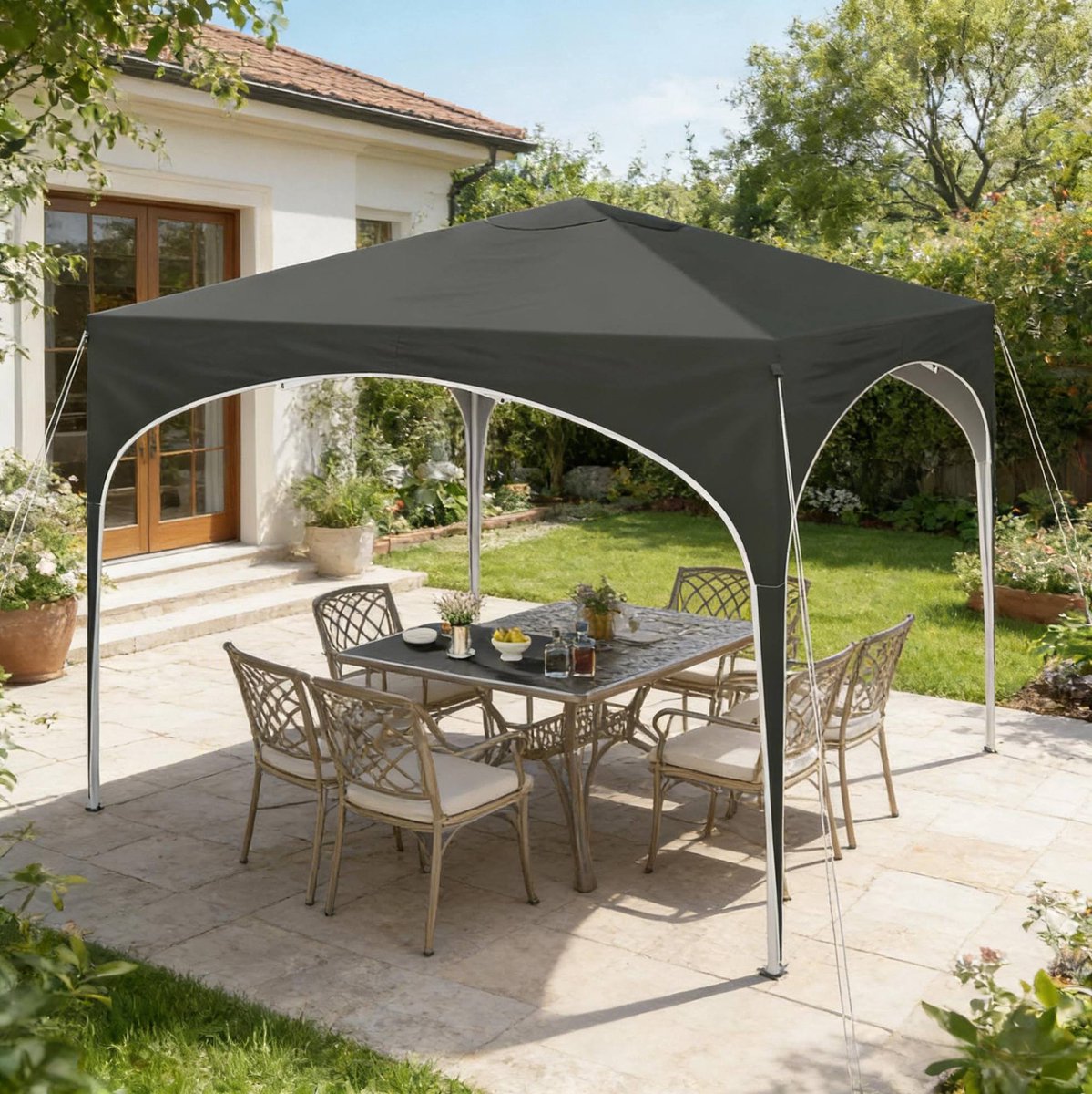 Wishdor Gazebo - Hoogte verstelbaar - Opvouwbaar met metalen frame en oxford stof - Grijs - Paviljoen voor tuin terras balkon camping 300 x 300 x 260 cm