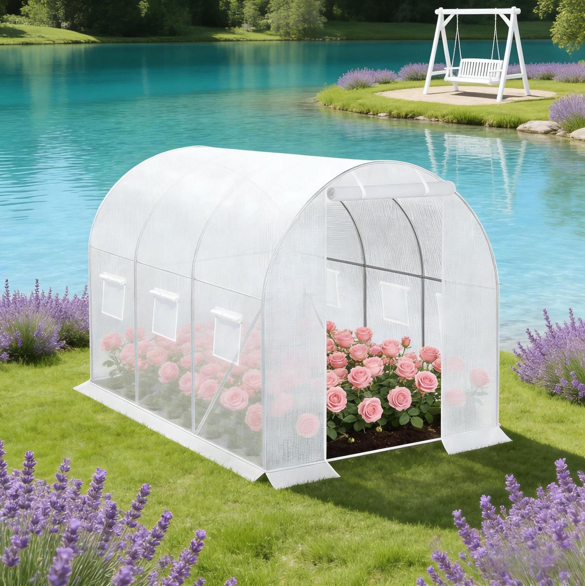 Wishdor Tunnelkas - Tuinkas met ramen en ritsdeur - Gegalvaniseerd stalen frame - Beschermt tegen kou en regen - Voor bloemen en groenten - Wit - 300 x 200 x 190 cm