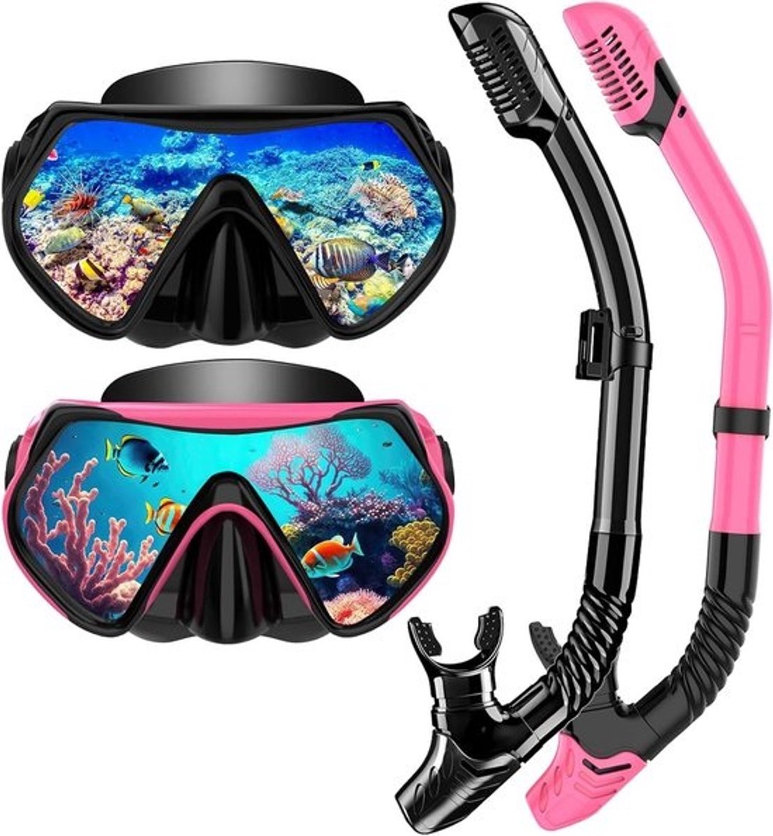 Snorkel Set Volwassenen - Duikmasker Set - Snorkelen en Duiken - Droog Anti-Lek Systeem - Panoramisch HD Glas - Zwart Roze