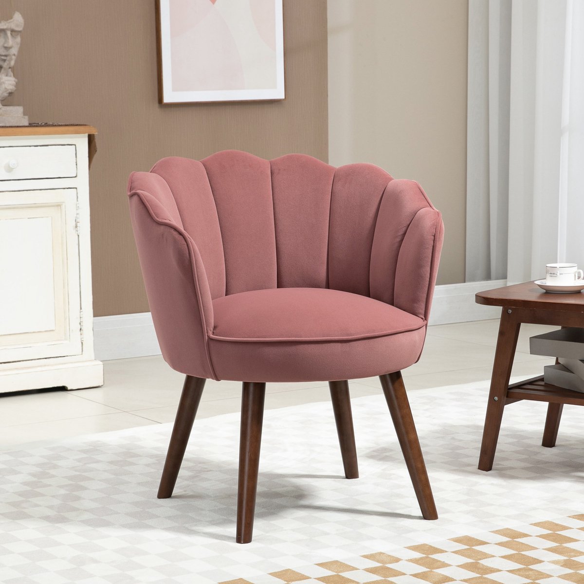 REDOM - Eetkamerstoel met armleuningen - Lotusvormige rugleuning - Zachte, gestikte zitting - Retro & Vintage - Woonkamer of eetkamer - Polyester - Roze - 66 x 66 x 78,5 cm