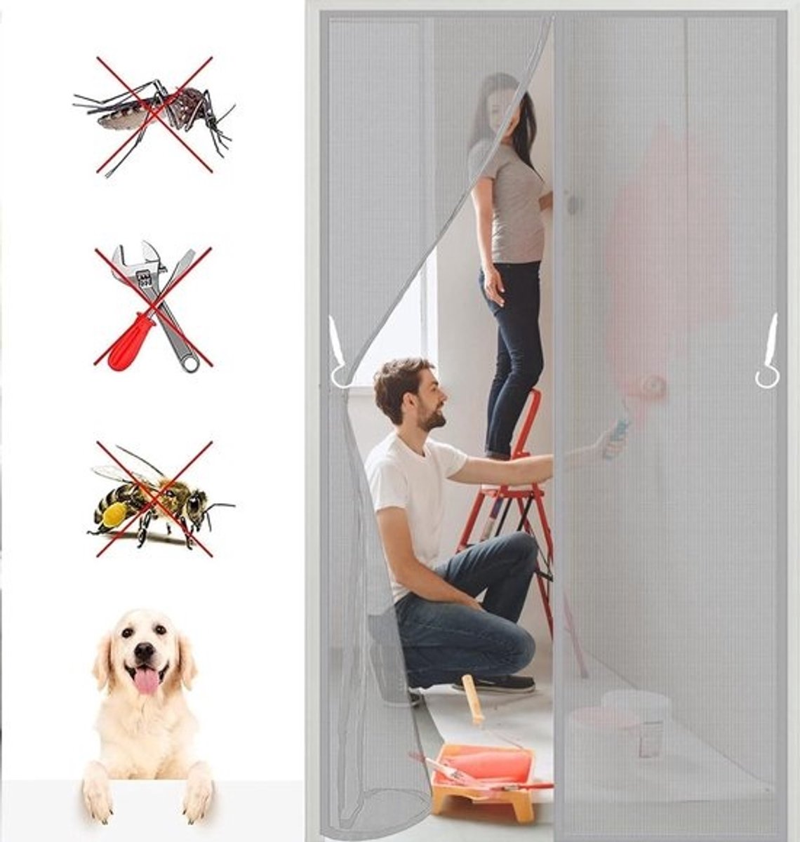 Vliegengaas Deur - Hordeur Horren - Insecten Buiten Houden - Magnetische Sluiting Zelfdichtend - 100 x 250 cm - Grijs