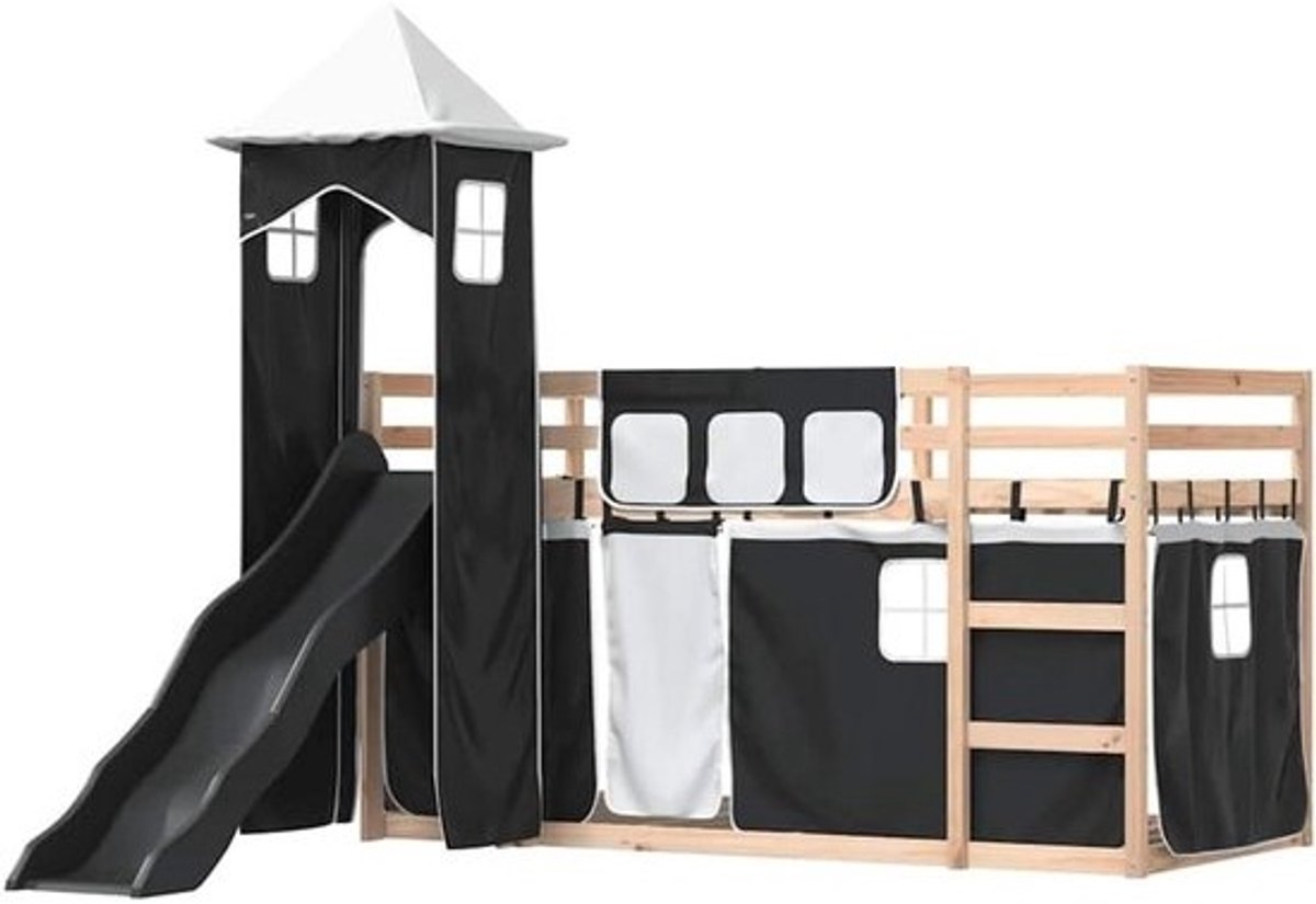 Stapelbed met Glijbaan - Kinderbed met Glijbaan - Spelen en Slapen - Massief Grenenhout - 80x200 cm - Wit en Zwart