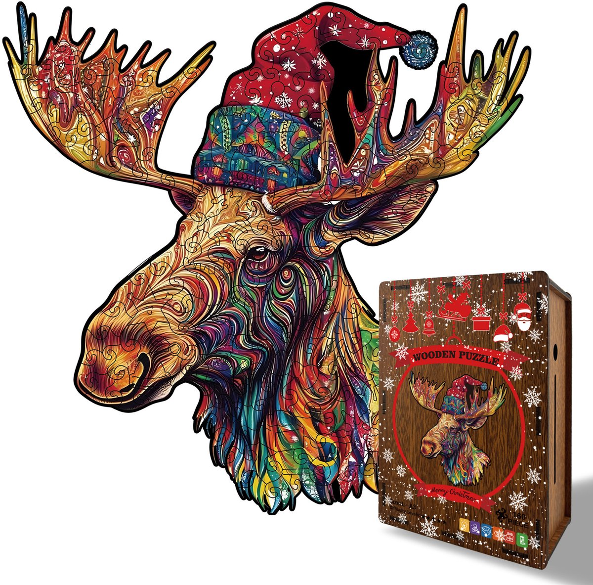 Casalora® Houten Puzzel Kerstrendier 160 Stukjes – Unieke Vorm – Kerst Legpuzzel – Puzzel voor Volwassenen – Creatief Kerstcadeau – L