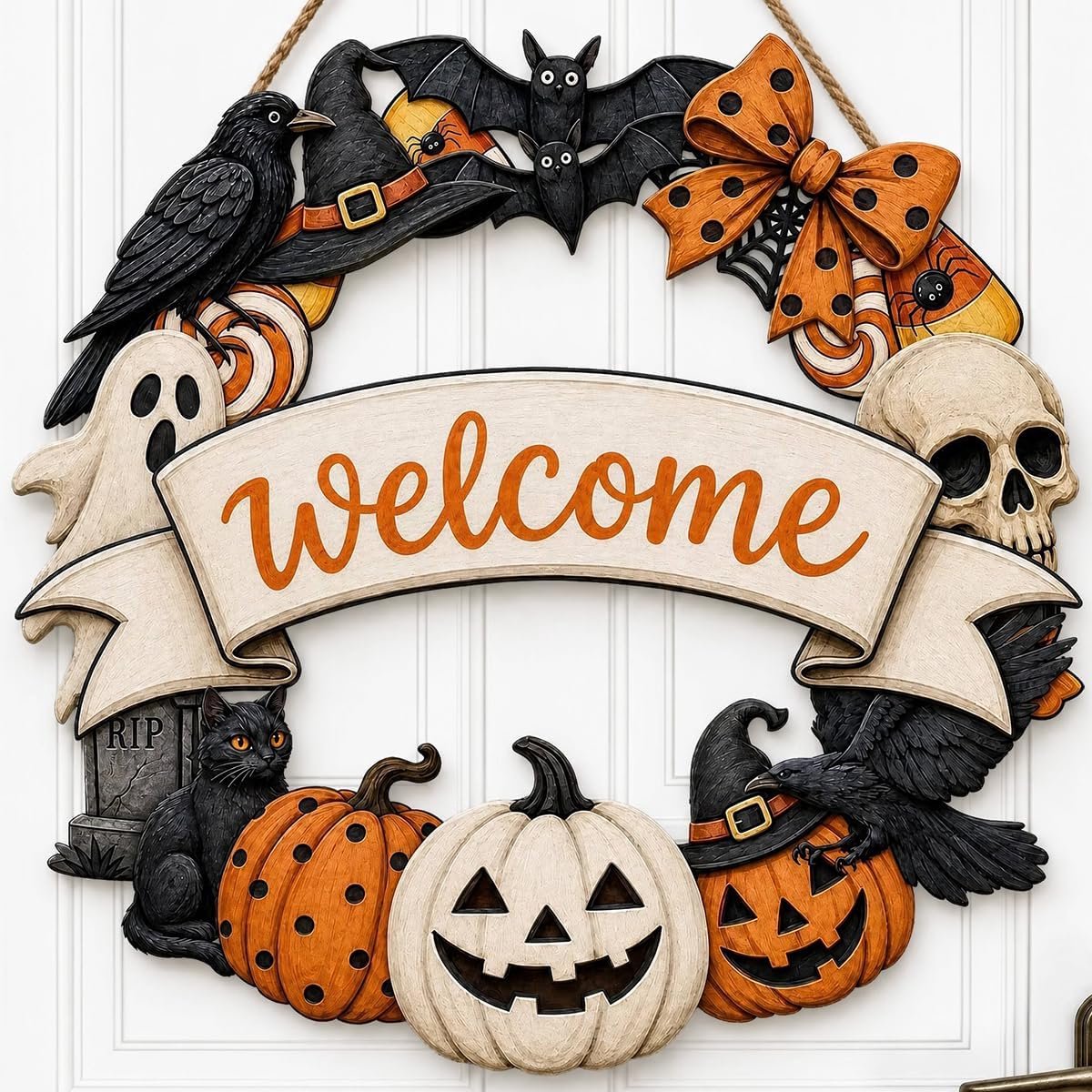 Halloween welkomstkrans, houten pompoen spook deurdecoratie