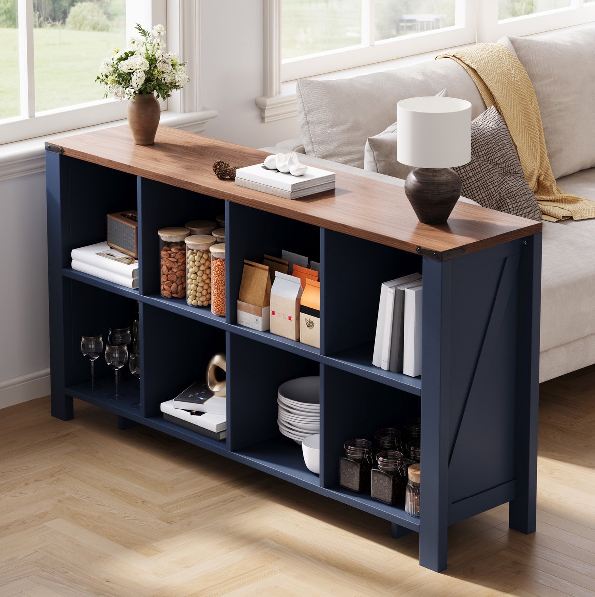 MODENUIT Kast - Open Vakkenkast Met 8 Vakken - Voor Keuken, Woonkamer En Eetkamer - MDF - Blauw - 140x34x75 Cm