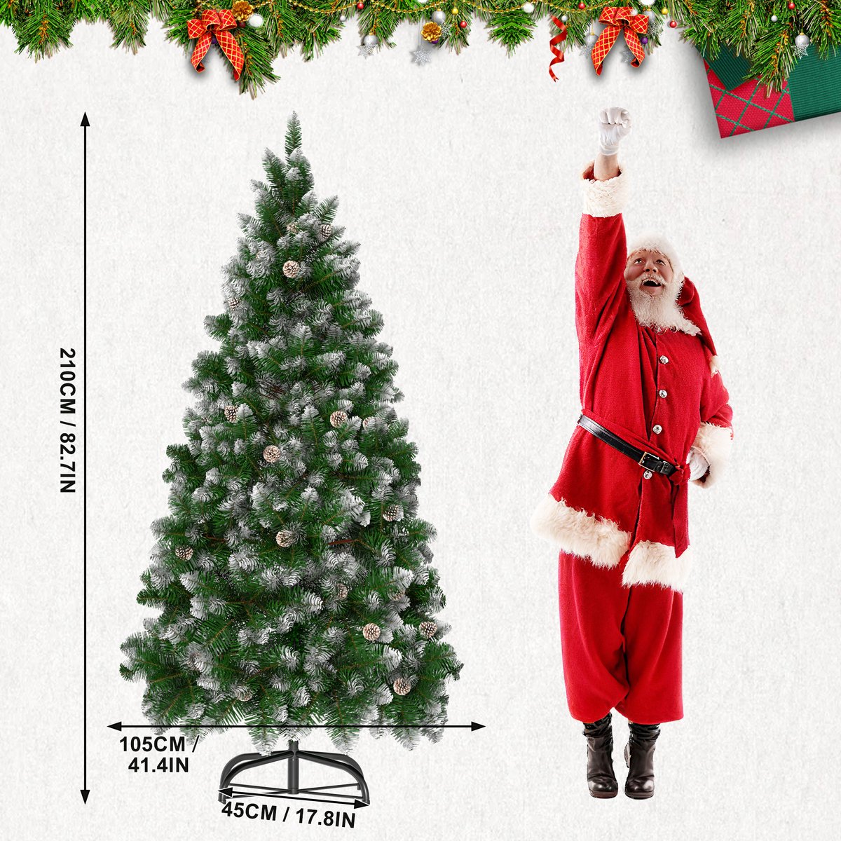 Kerstboom – 210cm Kunstkerstboom – Met Sneeuweffect & Dennenappels – Groene PVC Takken – foto 4