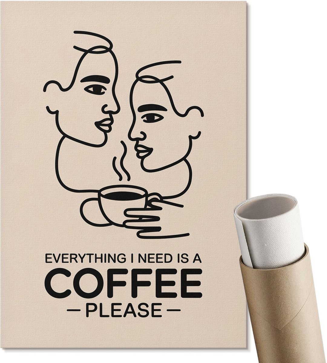 Coloray Canvas Poster Polycanvas - Lijntekening Koffie, Illustratie - A4 - Beige Poster - Rechthoek - Muurdecoratie - Woonkamer, Slaapkamer, Kantoor - Minimalist