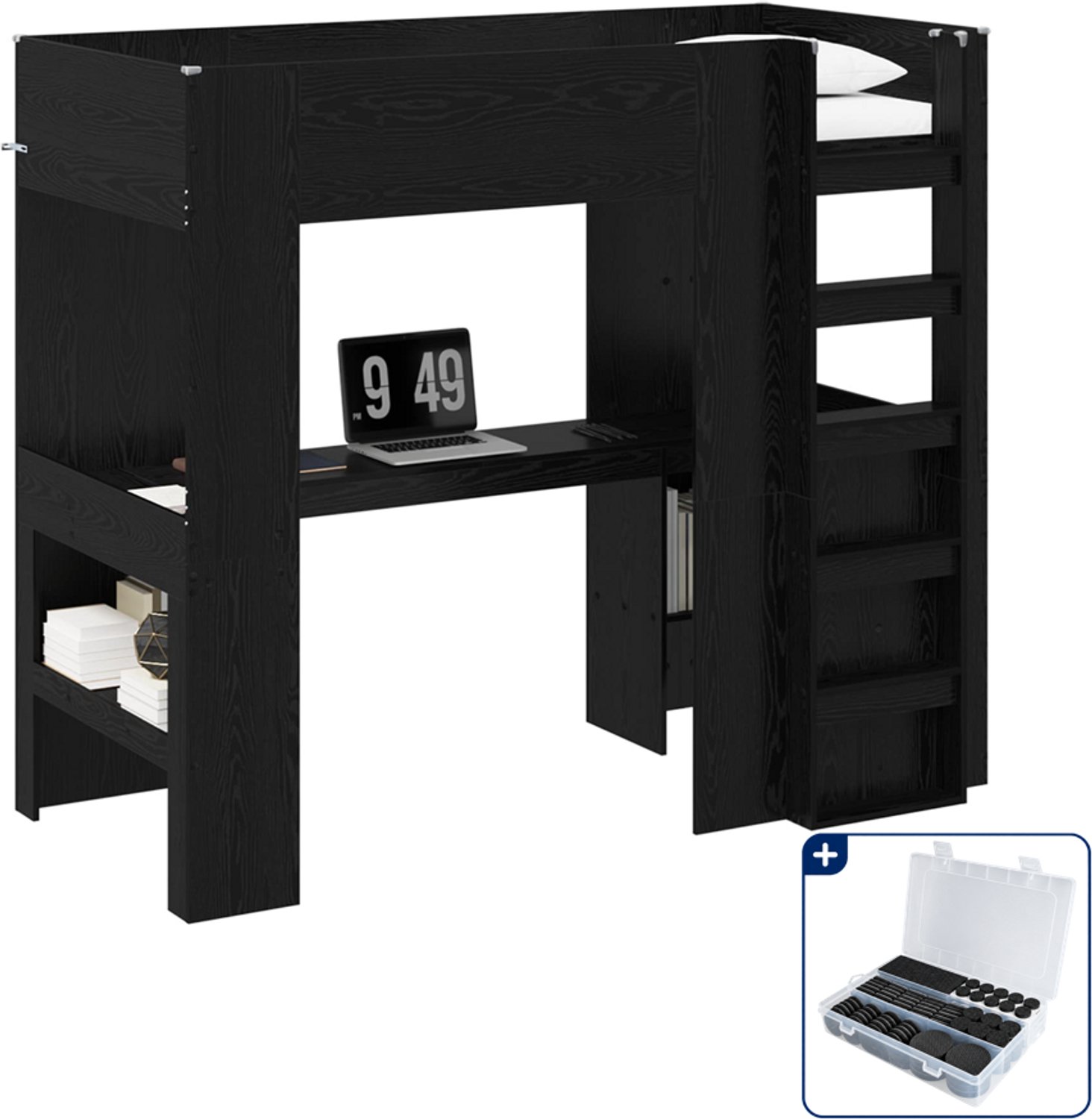 vidaXL loftbed met bureau - 100 x 200 cm - bewerkt hout - zwart eiken - Inclusief antikrasvilt 177-delig