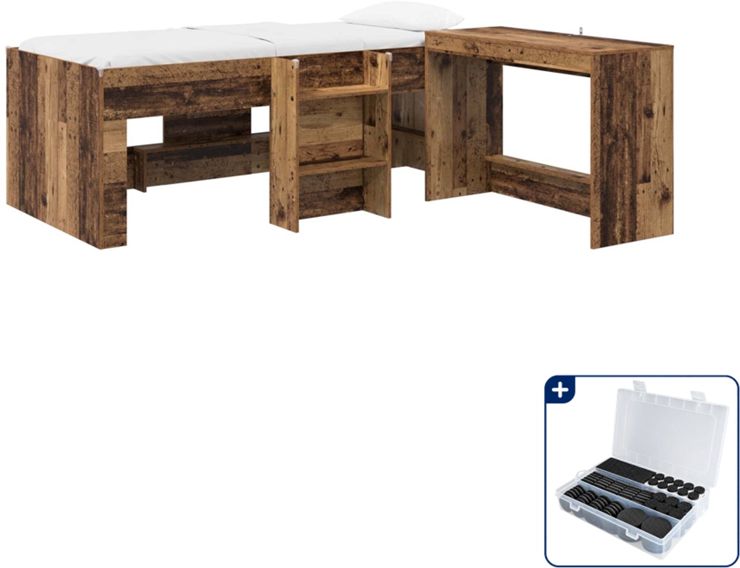 vidaXL hoogslaper met bureau - 203 x 101 x 68,5 cm - bewerkt hout - oud hout - Inclusief antikrasvilt 177-delig Bruin