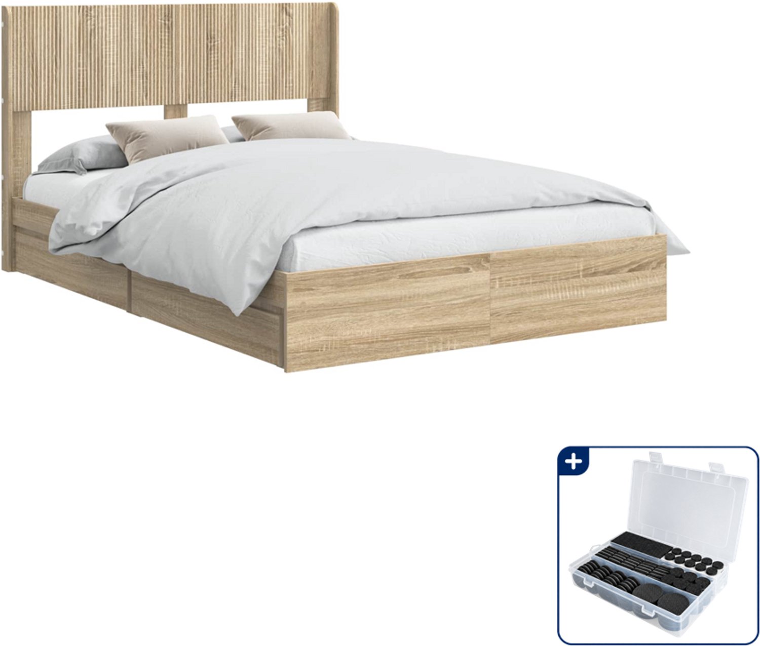 vidaXL bedframe met opbergruimte - 135 x 190 cm - bewerkt hout - sonoma eiken - Inclusief antikrasvilt 177-delig Bruin