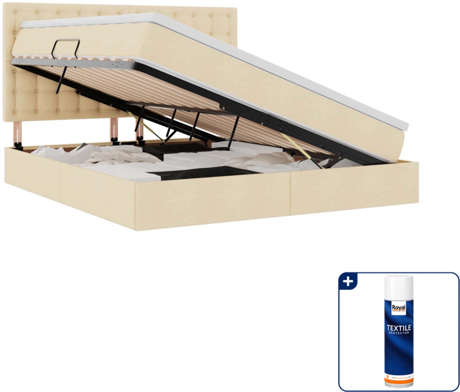 vidaXL Kingsize opbergbed met matras - 180 x 200 cm - crème - Inclusief textielbeschermer 500 ml