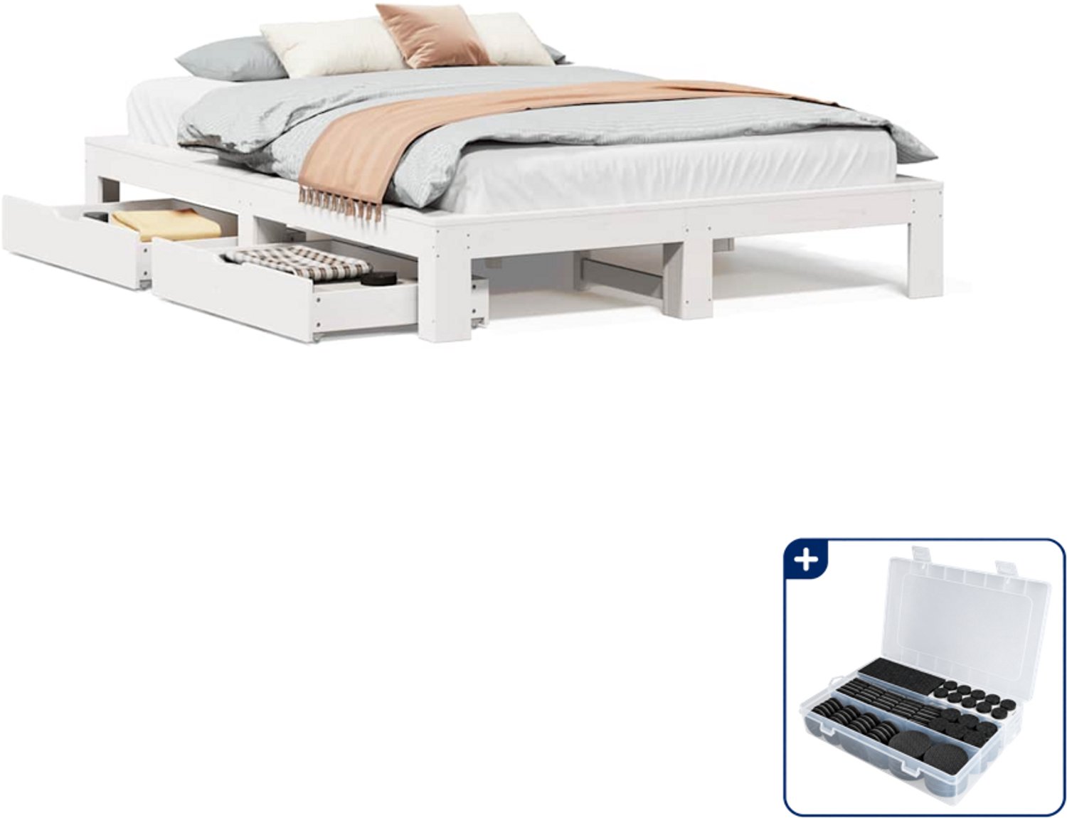 vidaXL bedframe - Small double - 140 x 200 cm - wit - Inclusief antikrasvilt 177-delig Blauw