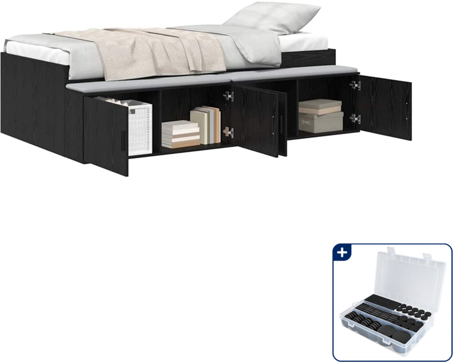 vidaXL bedframe met lade - 80 x 200 cm - bewerkt hout - zwart eiken - Inclusief antikrasvilt 177-delig