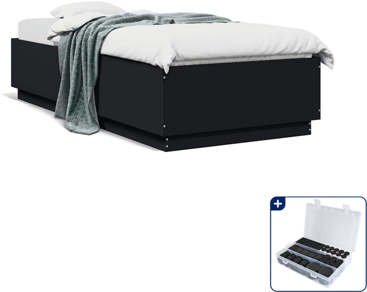 vidaXL bedframe 100 x 200 cm - bewerkt hout - zwart - Inclusief antikrasvilt 177-delig Blauw