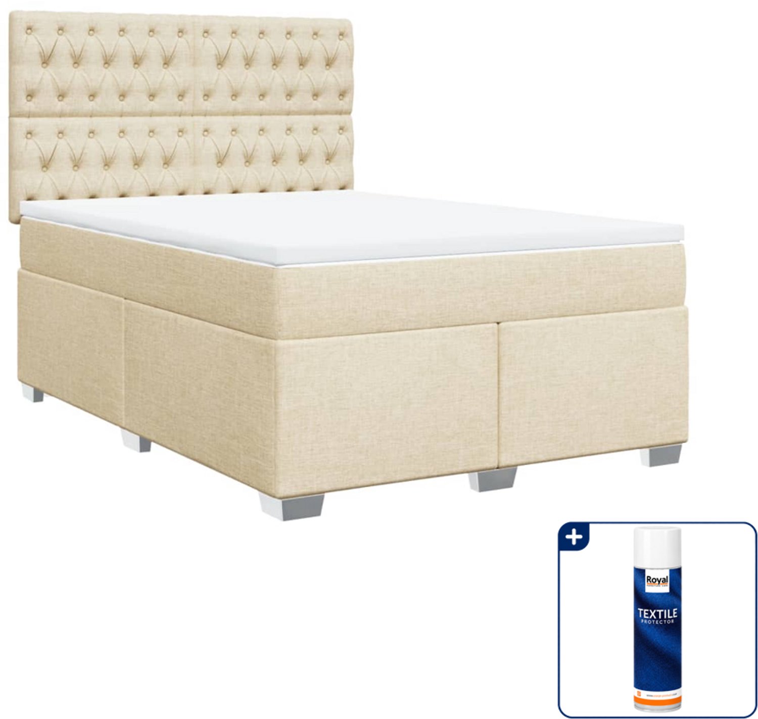 vidaXL boxspring met matras - 140 x 190 cm - stof - crème - Inclusief textielbeschermer 500 ml