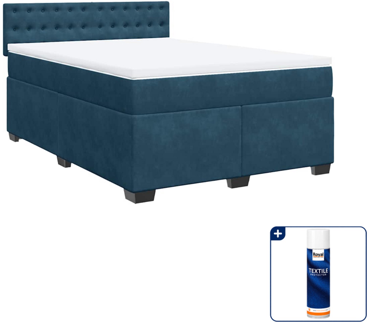 vidaXL boxspring met matras - Small double - 140 x 200 cm - donkerblauw - Inclusief textielbeschermer 500 ml