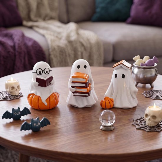 3-delige set - Spook bureauversiering - Boekenset - Pompoenversiering - Feestelijk beeldje - 21*11*4 cm - Geschikt voor Halloween bureaudecoratie binnenshuis - Wit