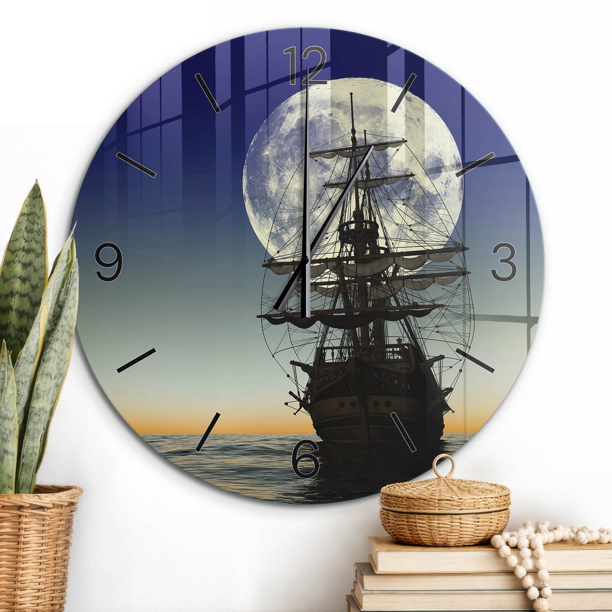 ArtPrintCave Blauw Glazen Klok - Wandklok 60 cm - Muurklok Rond - Zeeavontuur Wandklok Keuken - Landschappen Unieke Klok - Zwarte Klokwijzers