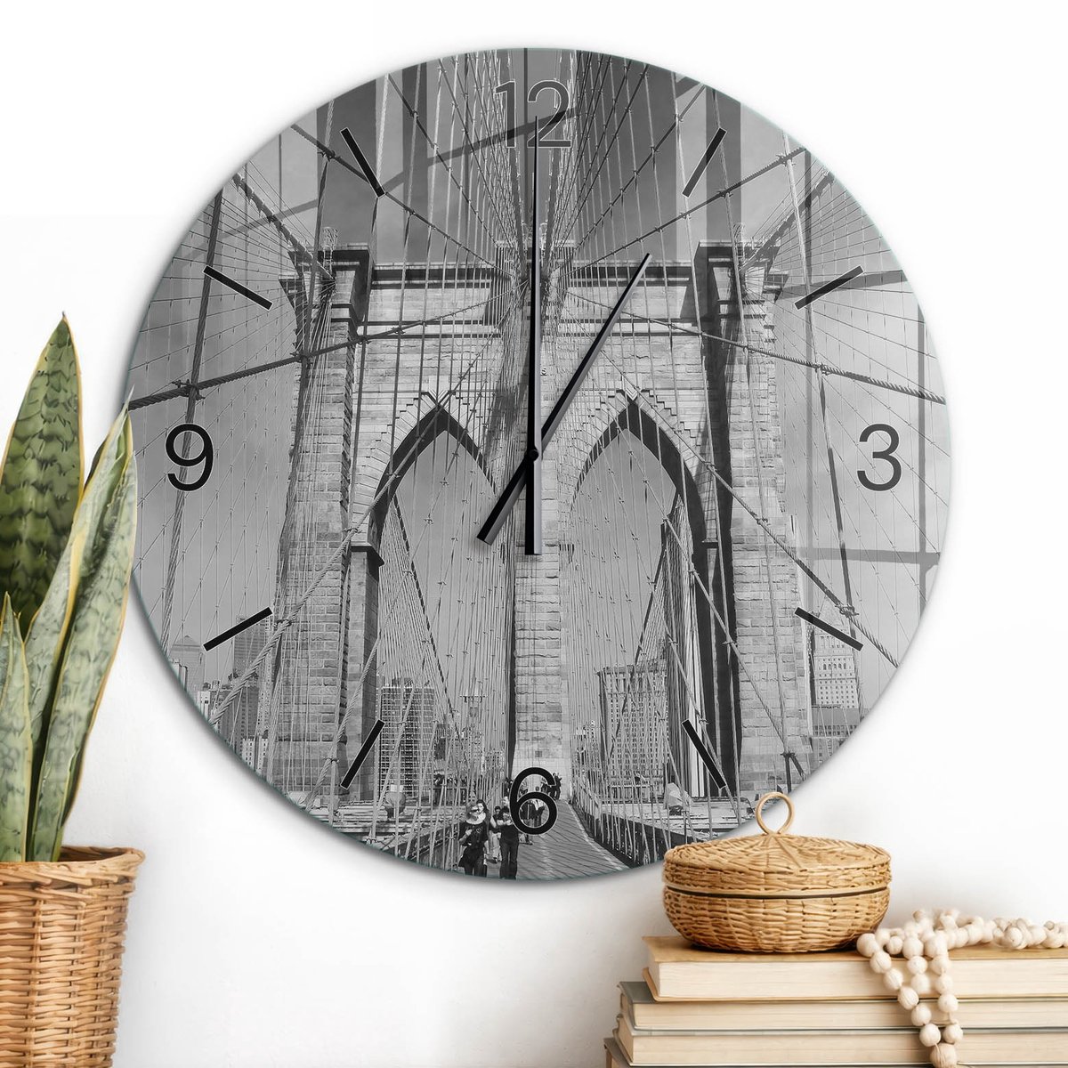 ArtPrintCave Zwart-wit Glazen Klok - Wandklok 60 cm - Muurklok Rond - Stadsbrug Wandklok Keuken - Steden Unieke Klok - Zwarte Klokwijzers