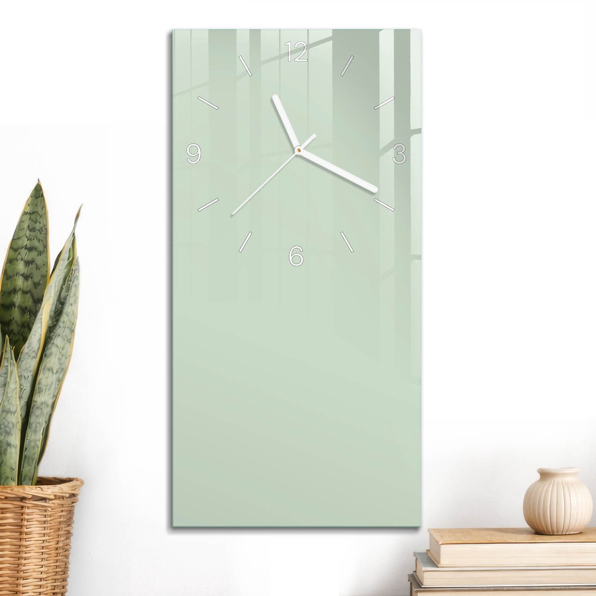 ArtPrintCave Groene Glazen Klok - 30x60 cm - Rechthoekige Wandklok - Mintgroen Unieke Klok - Abstractie Stille Wandklok - Witte Klokwijzers