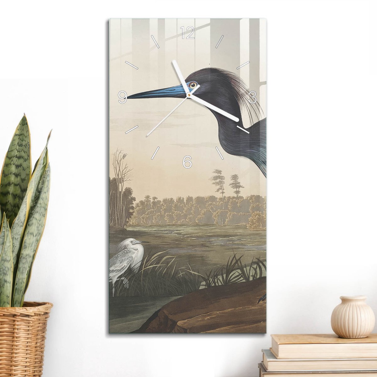 ArtPrintCave Blauw Glazen Klok - 30x60 cm - Rechthoekige Wandklok - Majestueuze Reiger Unieke Klok - Natuur Stille Wandklok - Witte Klokwijzers