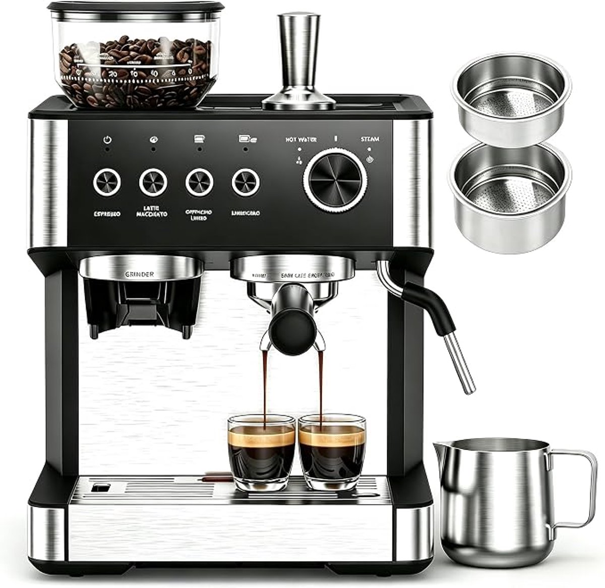Espressomachine met Bonenmaler - 20 Bar - 30 Maalstanden - 2.3L Watertank - 270g Bonenreservoir - Melkopschuimer - Zelfreinigend - Cold Brew - Voor Thuis en Kantoor