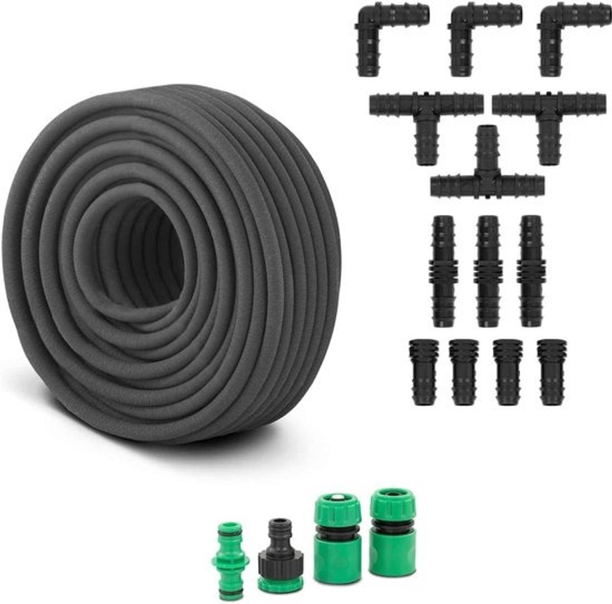 Druppelslang 50m - Parelslang Irrigatie - Gelijkmatige Tuinbesproeiing - Compleet met koppelstukken - 16.6mm Buitendiameter - Groen