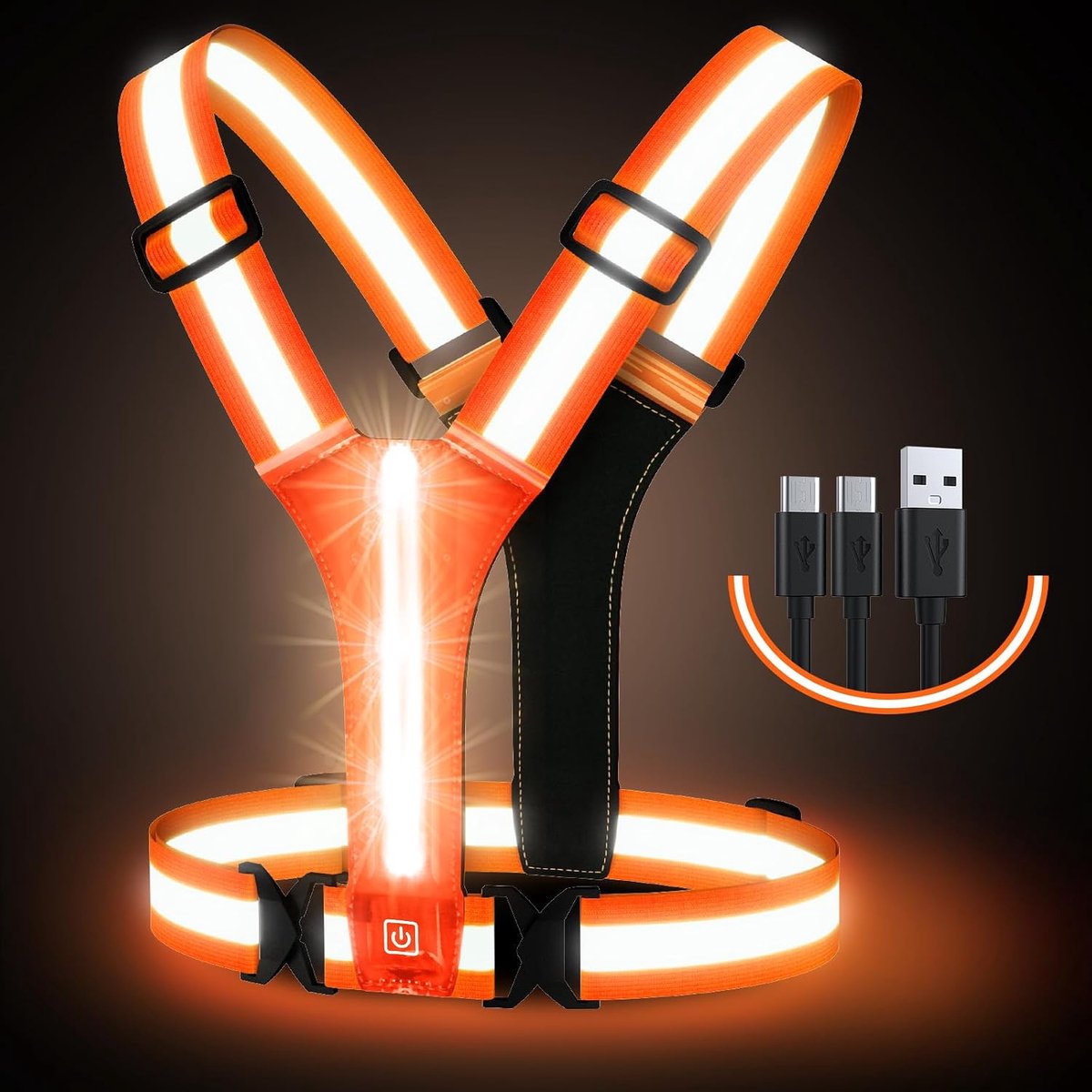 LED reflecterende vest hardloopkleding, USB oplaadbare LED licht op vest hoge zichtbaarheid met verstelbare taille/schouder voor joggen hardlopen fietsen wandelen motorfiets（Oranje）