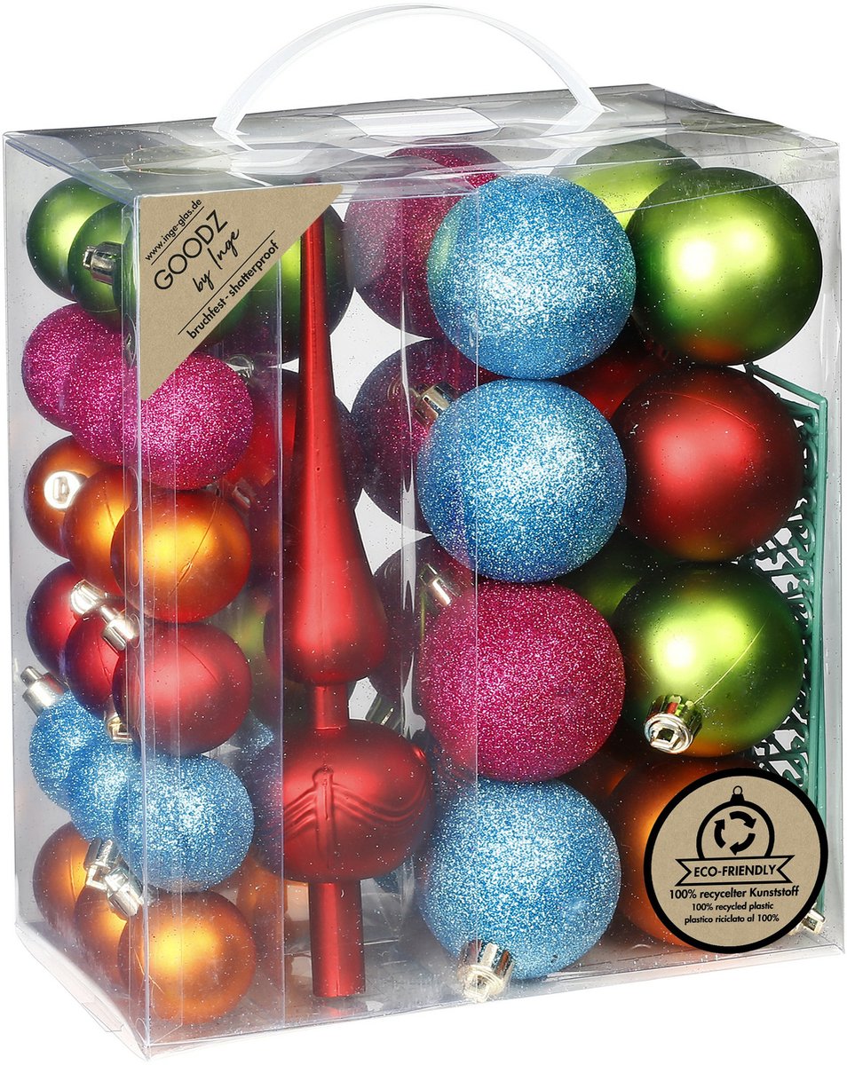 Inge Kerstballen en kerstboom ornamenten - 43-dlg - met piek - gekleurd - kunststof - kerstversiering – foto 2