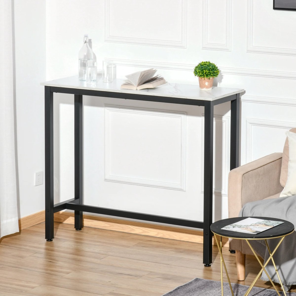 Archi Bartafel 120 × 40 × 100 cm – Tafel - Bartafel Keuken - Marmerlook – Zwart Stalen Frame – Hoge Eettafel & Keukentafel Zwart/Marmer