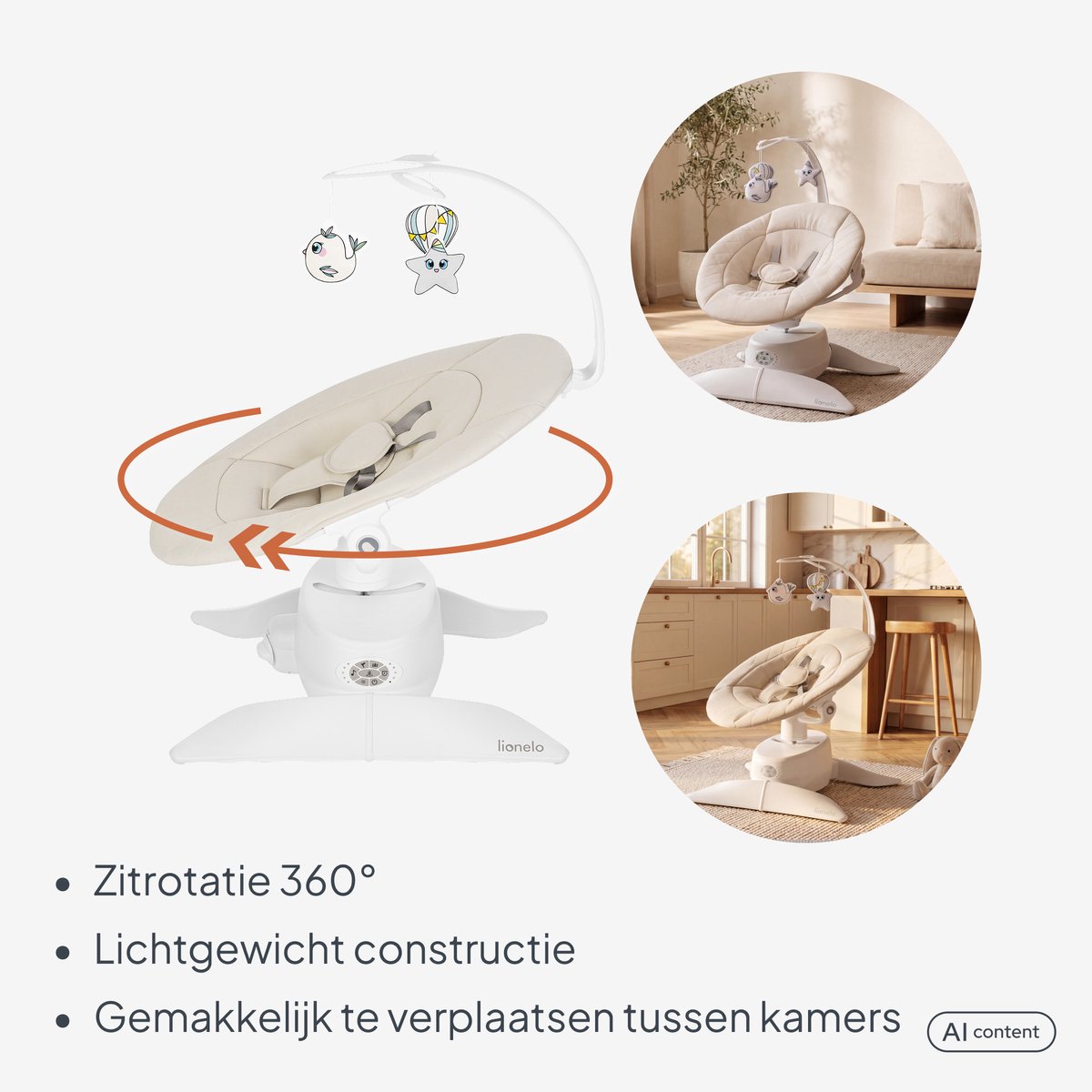 Lionelo Vivi Set Elektrische Babywipstoel 2in1 – Babyschommel & Wipstoel vanaf Geboorte tot 9 kg – - 360° Draaibare Zitting - Bewegingssensor - Bluetooth - Afstandsbediening - 5 Schommelsnelheden - T25 Matras – foto 5