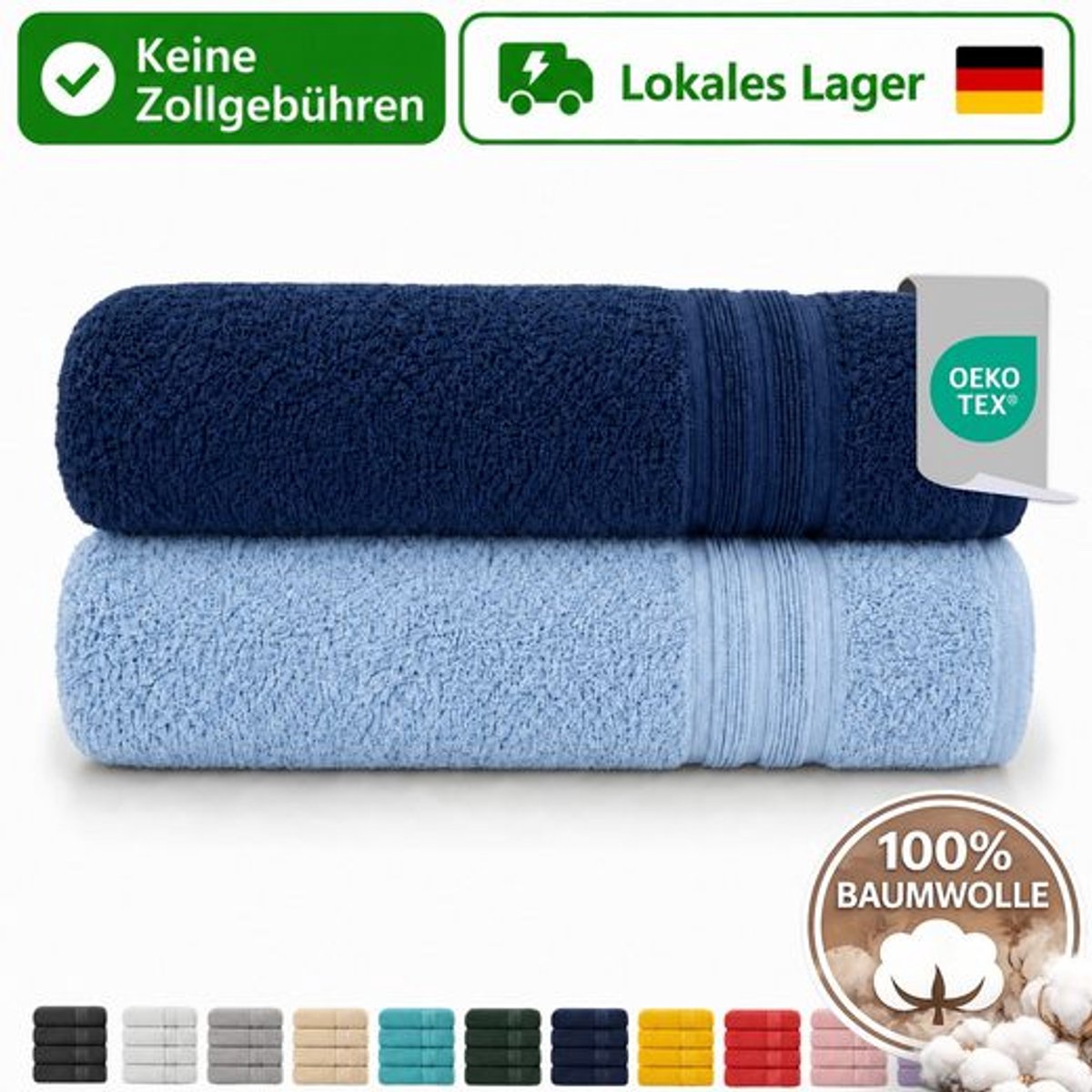 Komfortec Set van 2 Badhanddoek 100x200 cm van 100% Katoen, XXL Saunahanddoek, Grote Douchehanddoek, Zacht & Absorberend, Marineblauw&Lichtblauw