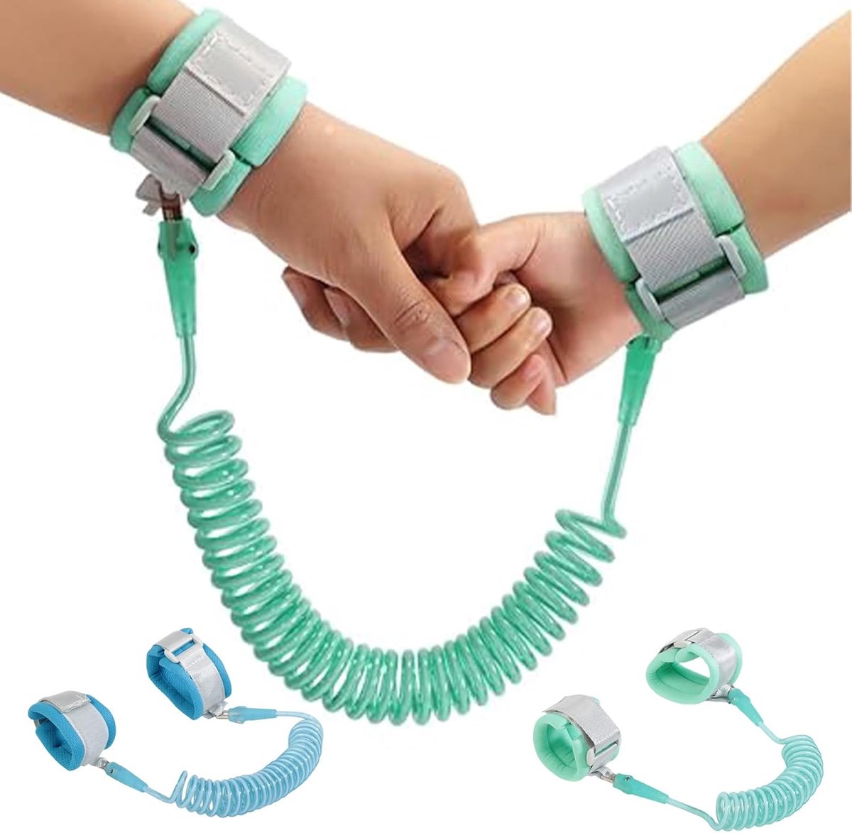 2 stuks kinderarmbanden, anti-verlies, 1,5 m lang, met veiligheidsslot, kinderharnas tegen verlies, met 360 graden rotatie en ademende armband voor baby's, blauw en groen