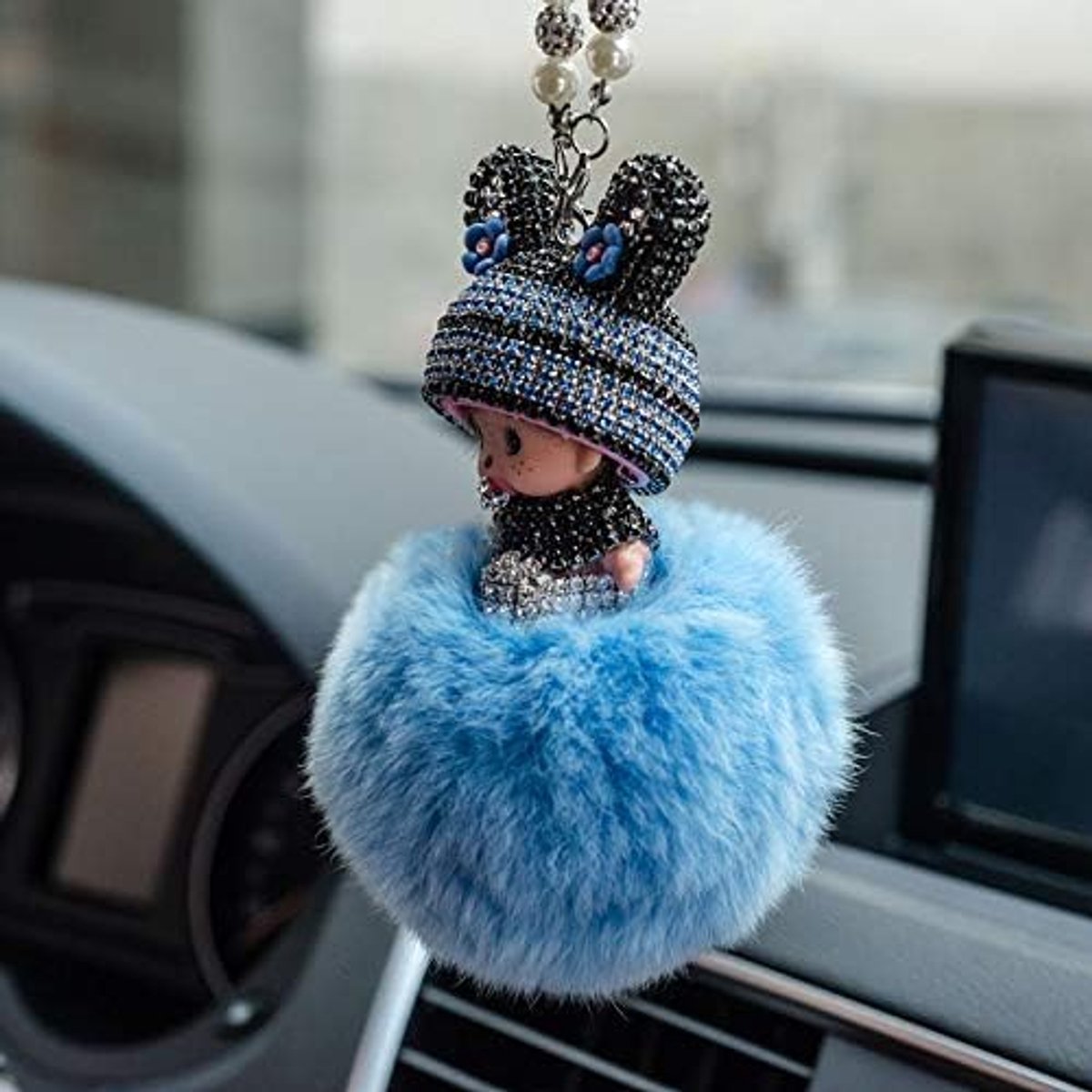 Strass achteruitkijkspiegel ornament - schattige pop pluche bal auto hangende decoratie - schattige spiegelhanger voor binnen, cadeau voor vrouwen mannen - blauw