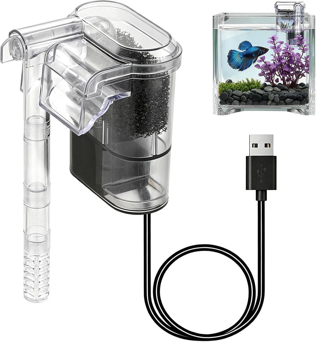Hang-on, USB, 2,5 W, 250 l/h, instelbaar, voor aquaria tot