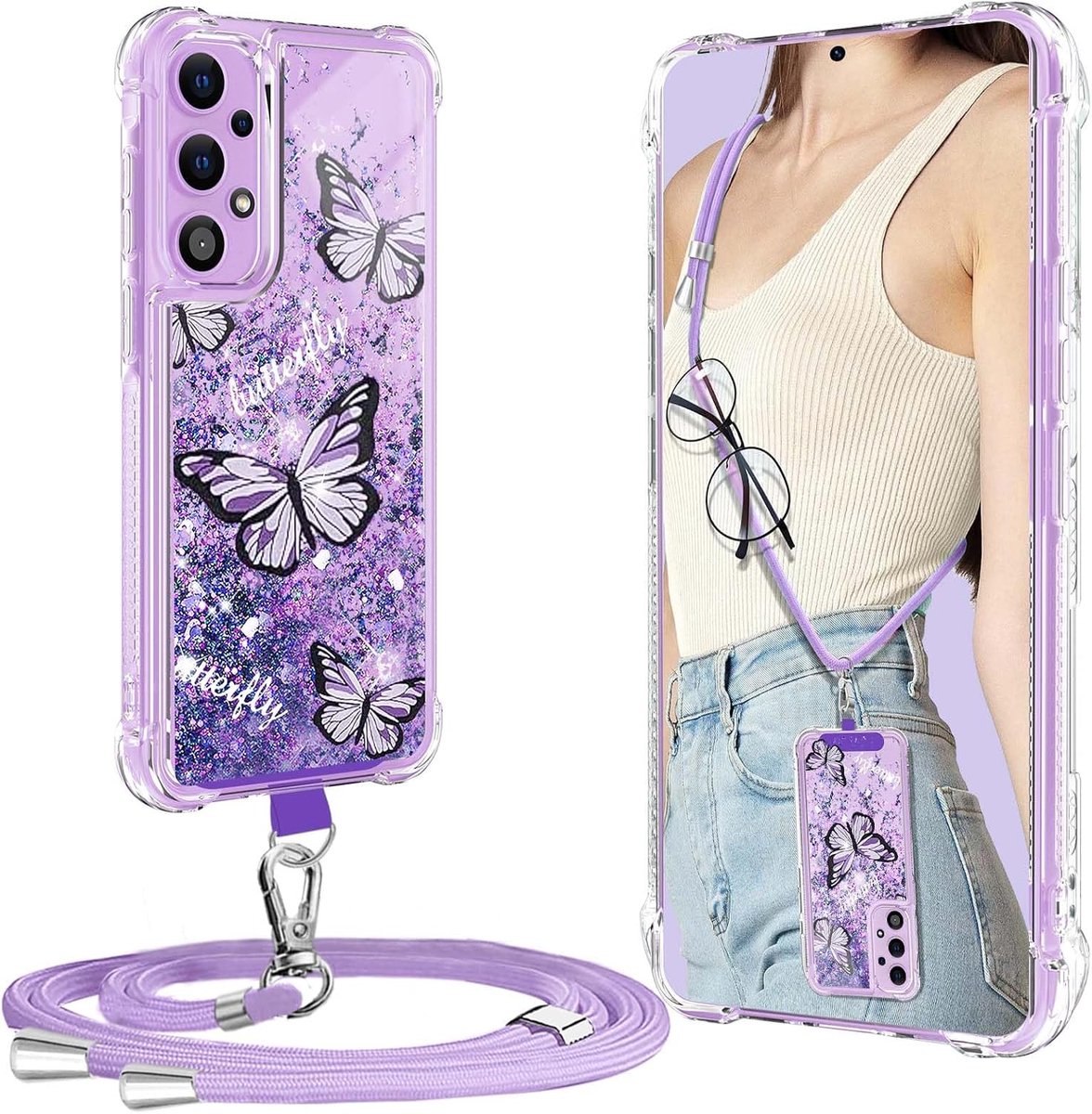 Beschermhoes voor Samsung Galaxy A32 5G met koord, glitter Samsung A32 5G met halsketting, ultradun, TPU, origineel, transparant, siliconen, bling, schokbestendig, paars