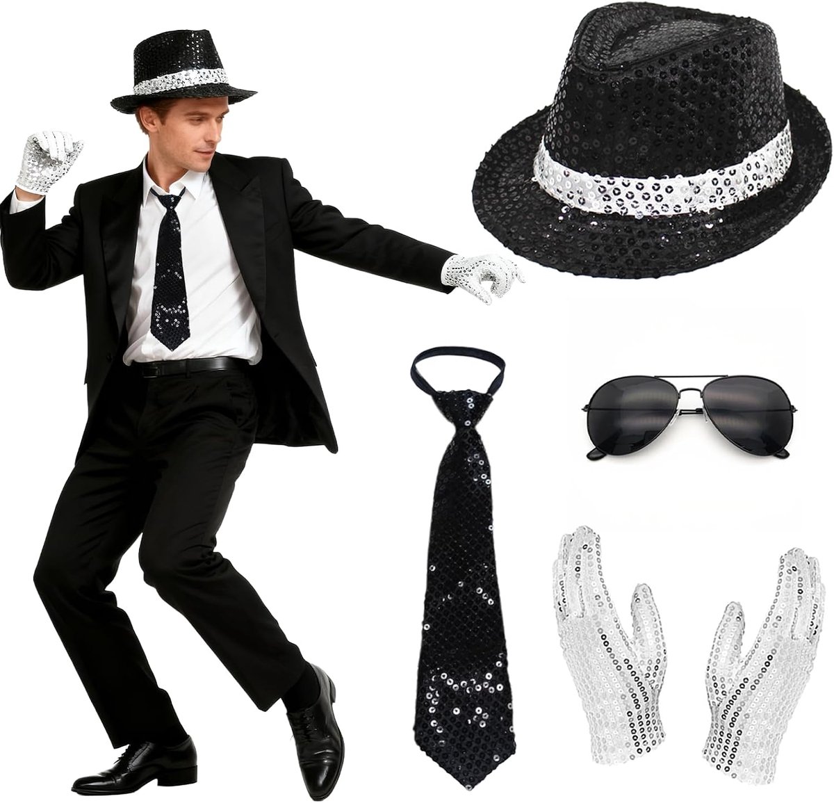 4 stuks Michael-kostuumaccessoires, jaren 80 rockstar cosplay met jazz-paillettenhoed, handschoenen, glitter stropdas, zonnebril, King of Pop, verkleedset voor volwassenen, carnaval, Halloween, jaren