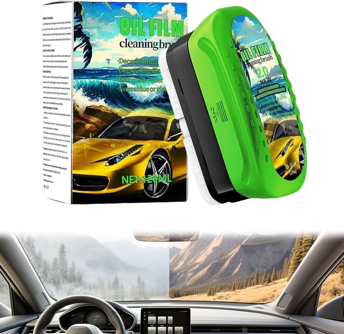 Autoruit reiniger - Groen - 120 ml - Oliefilm Verwijderaar met Borstel - Voor Auto en Glasoppervlakken