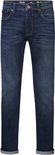 Donkerblauwe denim jeans met rechte pasvorm. De broek heeft gele stiksels, oranje details bij de knoop en een opgerolde zoom.