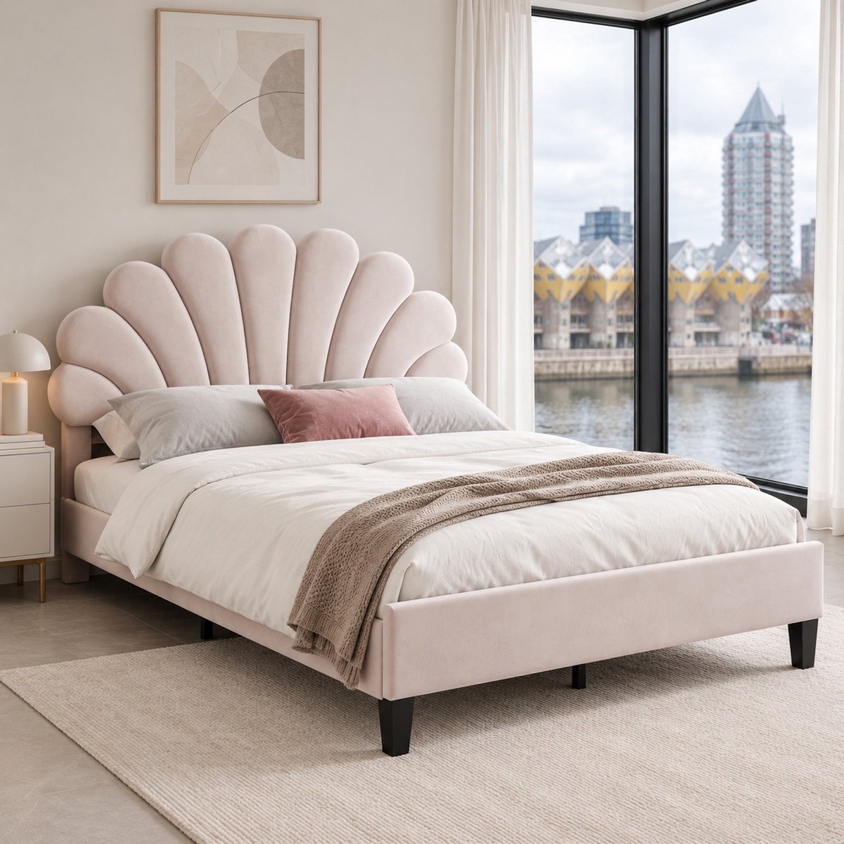 WUVRIE Gestoffeerd tweepersoonsbed 140 x 200 cm, bedframe met bloemvormig hoofdbord en lattenbodem, beige