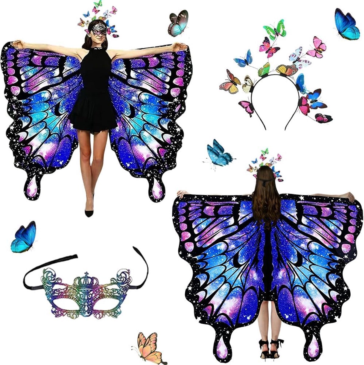 Vlinderkostuum voor dames, A-kant, vlindervleugels voor volwassenen, 3-delige set, vlindercape, vlindercape, vlinderkostuum, vleugels, cosplay, carnaval